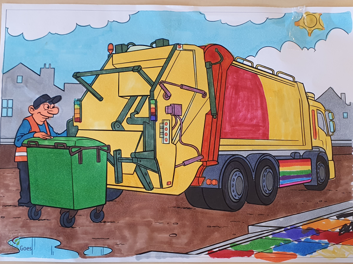Deze kleurplaat van een vuilniswagen is speciaal ingekleurd voor de mensen van de buitendienst van gemeente Goes.